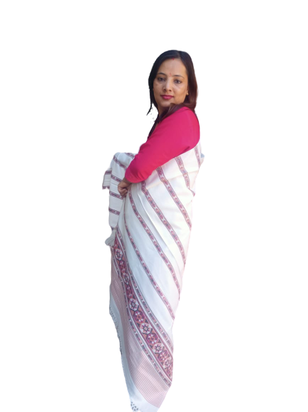A woman with straight dark hair stands sideways, wearing a red long-sleeve top and an Aruna Kullu Handloom hand woven PASHMINA WHITE shawl with beautiful embroidery, against a plain white background.