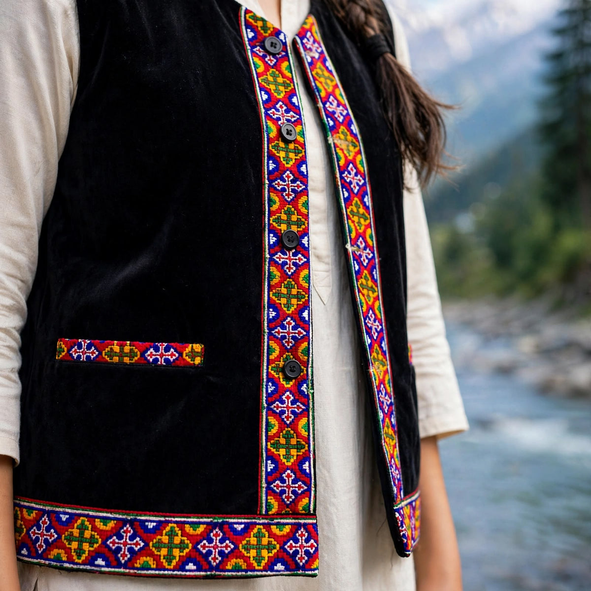 himachali traditional SHORT black jacket with kullu patti work