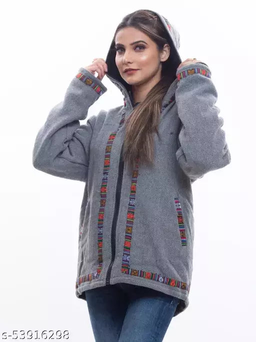 Woolen Winter Wear ZIPPER HOODIE Jacket for MEN & Women WITH KULLU PATTI WORK Spanish grey 1099.00 aruna kullu handloom
