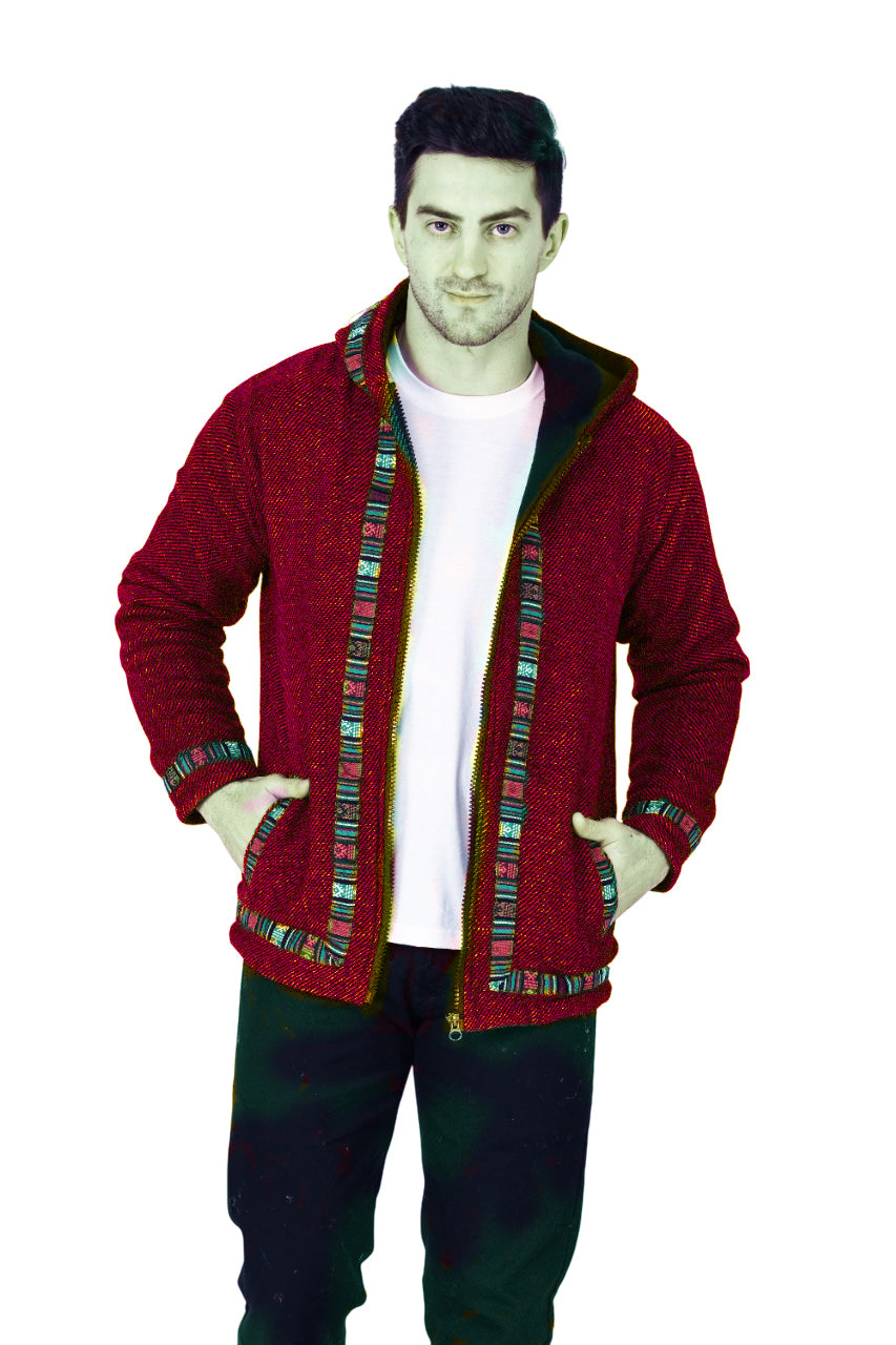 Woolen Winter Wear ZIPPER HOODIE Jacket for MEN & Women WITH KULLU PATTI WORK maroon 1099.00 aruna kullu handloom