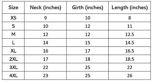 The aruna kullu handloom DOG SWEATER for All Dogs in Different Sizes (RED COLOR) has a size chart (XS-4XL) listing neck, girth, and length in inches—measurements increase with each size for easy online selection.