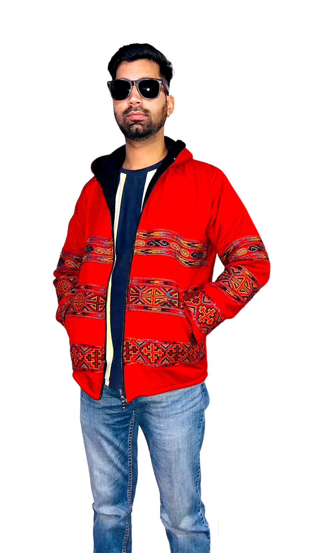 Woolen Winter Wear ZIPPER HOODIE Jacket for MEN & Women WITH KULLU PATTI WORK sapanish RED 1199.00 aruna kullu handloom