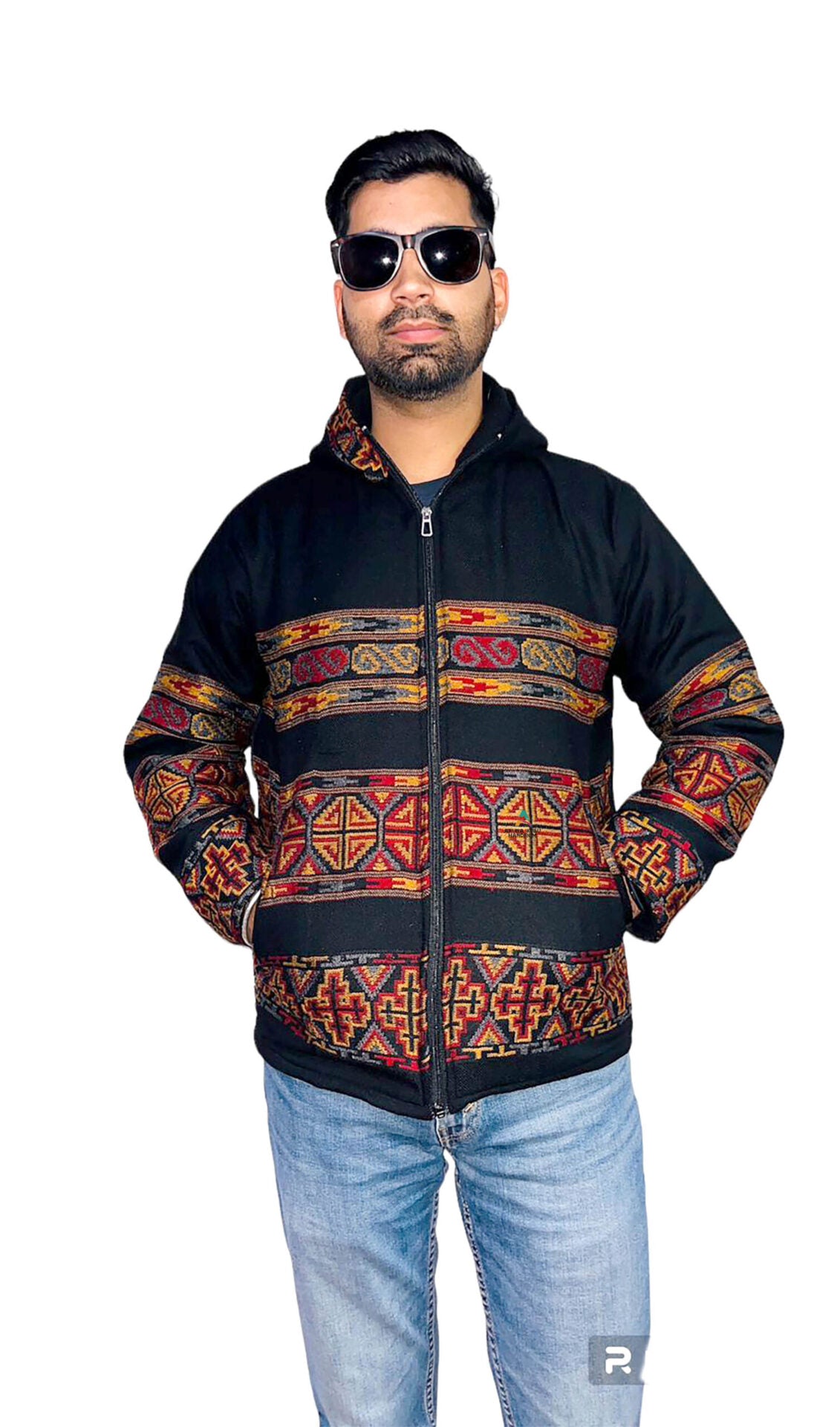 Woolen Winter Wear ZIPPER HOODIE Jacket for MEN & Women WITH KULLU PATTI WORK sapanish black 1199.00 aruna kullu handloom