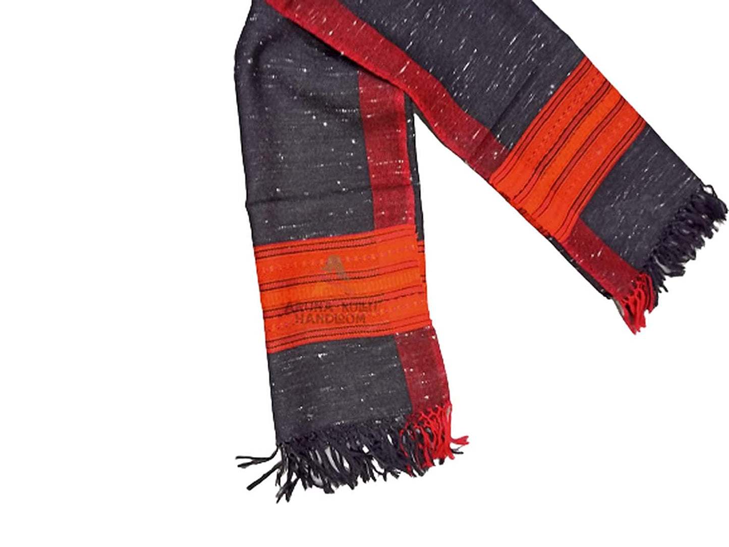 The PURE YAK WOOL Women's Hand Woven Woollen Stole by aruna kullu handloom features Kullu typical weaving in black, with red and orange stripes, white speckled threads, and fringed edges. Free size.