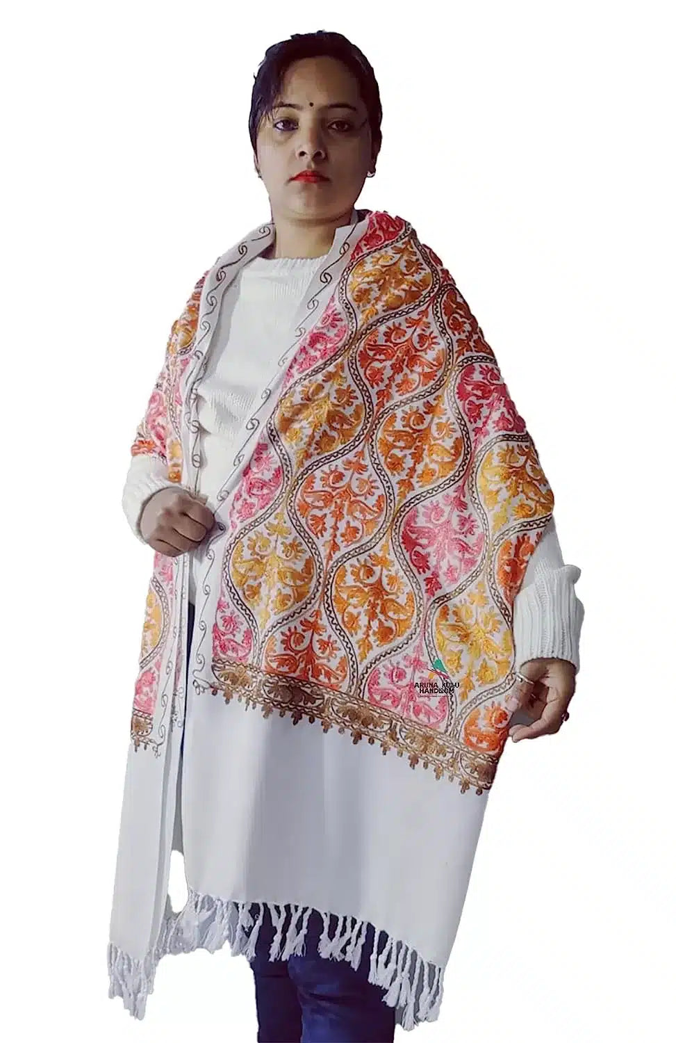 cashmere wool stole PURE WOOL HAND embroidered Kashmiri stole white 499.00 aruna kullu handloom