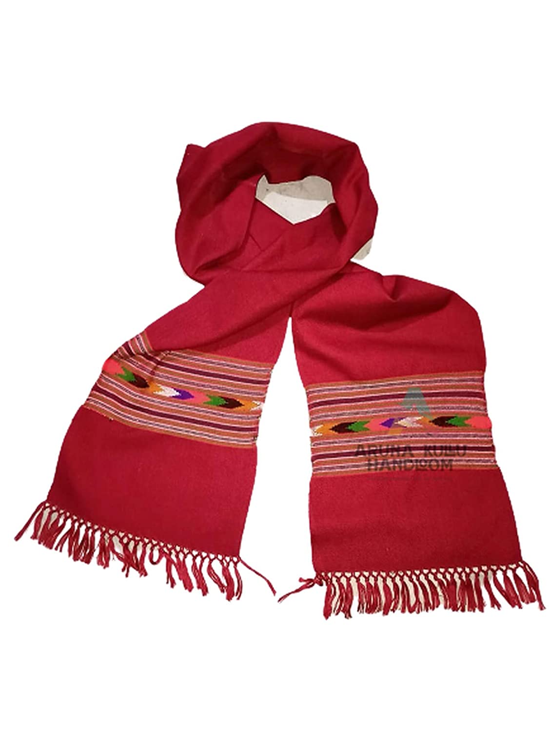 Men's and Women's Woollen Hand Woven Kullu Pure Embroidered Muffler Kullu Handloom red color 350.00 aruna kullu handloom
