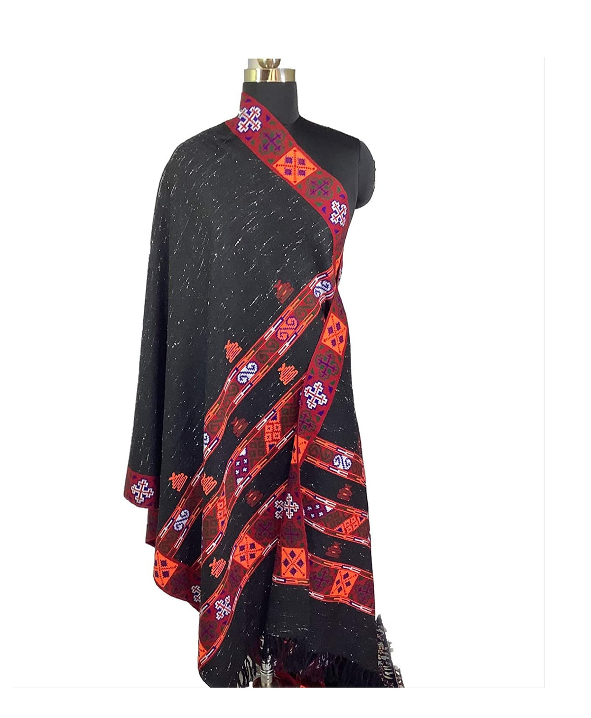 The Women's Yak Wool Kullu Kinnuari Triple Border Shawl in black by aruna kullu handloom features intricate red, orange, purple, and white geometric embroidery—a stylish example of Himachal Pradesh woolen craftsmanship.