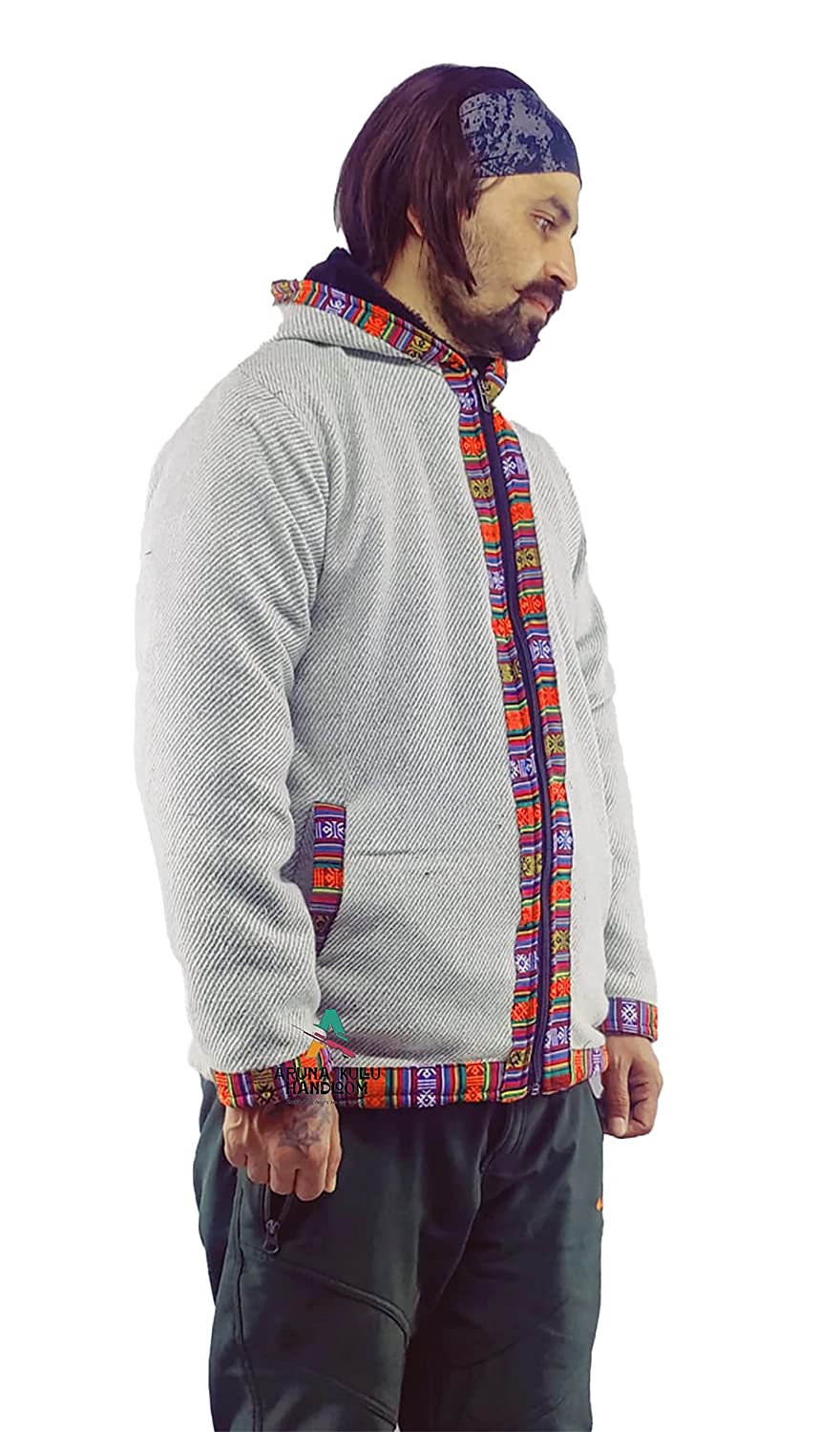 Woolen Winter Wear ZIPPER HOODIE Jacket for MEN & Women WITH KULLU PATTI WORK light grey 1099.00 aruna kullu handloom