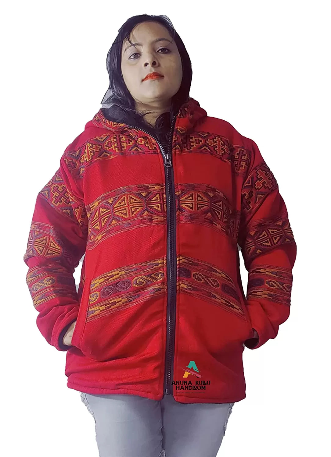 Woolen Winter Wear ZIPPER HOODIE Jacket for MEN & Women WITH KULLU PATTI WORK sapanish RED 1299.00 aruna kullu handloom