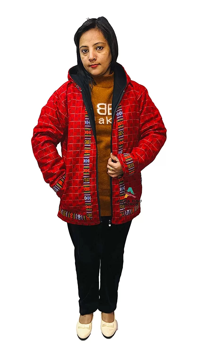 Woolen Winter Wear ZIPPER HOODIE Jacket for MEN & Women WITH KULLU PATTI WORK check maroon 1099.00 aruna kullu handloom