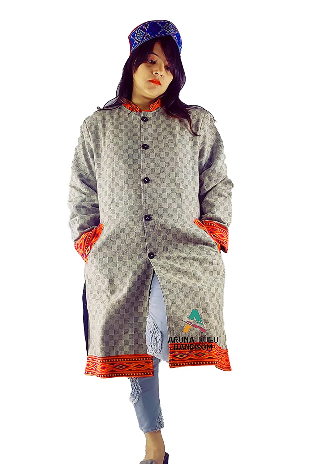 himachali Long Jacket jacket for ladies FULL SLEEVES cream check 1199.00 aruna kullu handloom