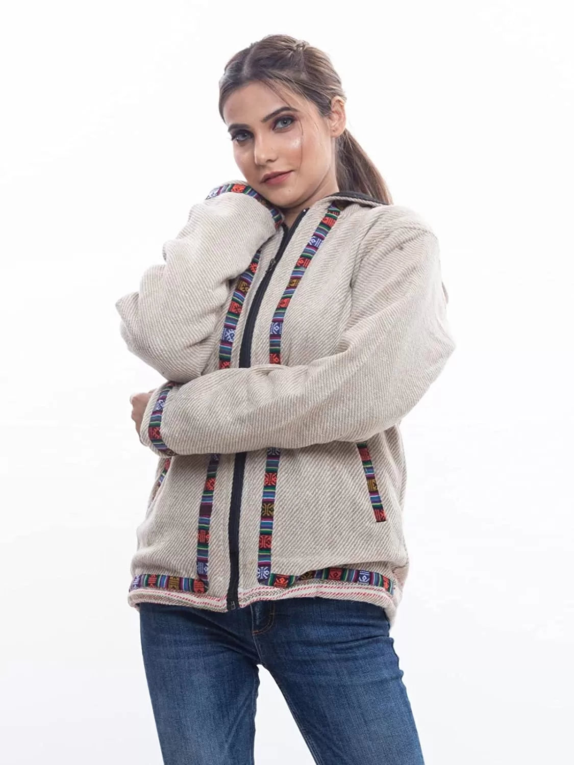 Woolen Winter Wear ZIPPER HOODIE Jacket for MEN & Women WITH KULLU PATTI WORK LIGHT GREY 1099.00 aruna kullu handloom