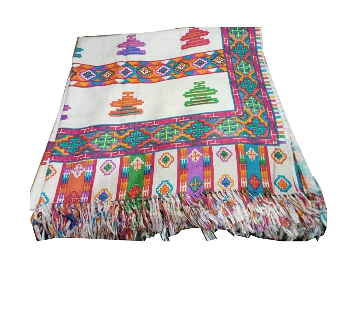 kinnauri shawl kullu and kinnauri shawls kinnauri shawls online kinnauri shawls history The Pure Yak Wool Pashmina Kinnauri Triple Border printed shawl by aruna kullu handloom features vibrant geometric and abstract designs in red, green, orange, purple, and blue on white with multicolored tassels inspired by Kullu shawls.