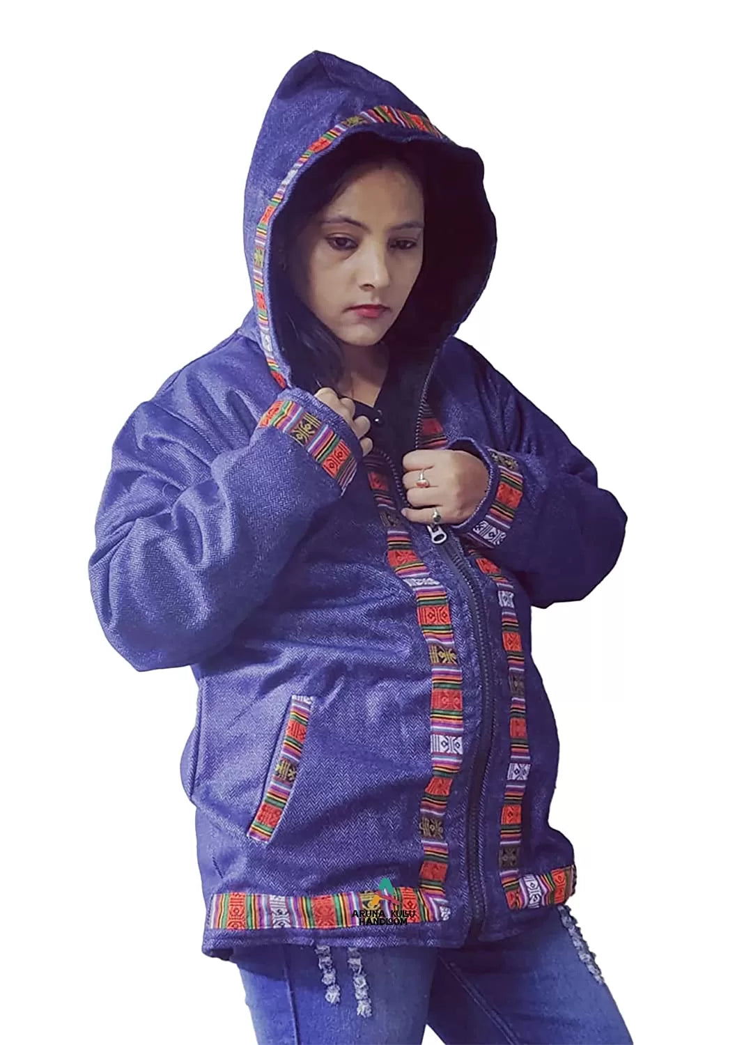 Woolen Winter Wear ZIPPER HOODIE Jacket for MEN & Women WITH KULLU PATTI WORK machikanda blue 999.00 aruna kullu handloom