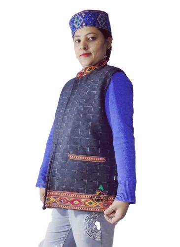 Reversible black woolen jacket for women with traditional embroidered patti border design.