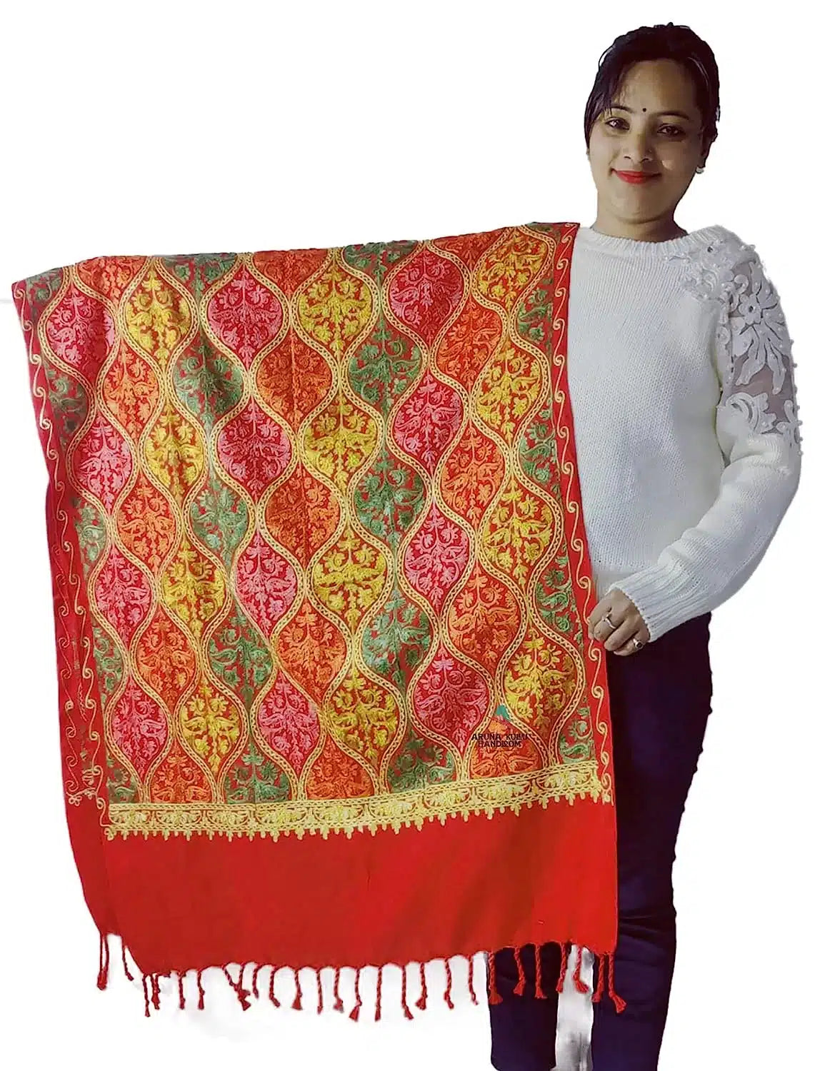 PURE WOOL HAND embroidered Kashmiri stole red 499.00 aruna kullu handloom