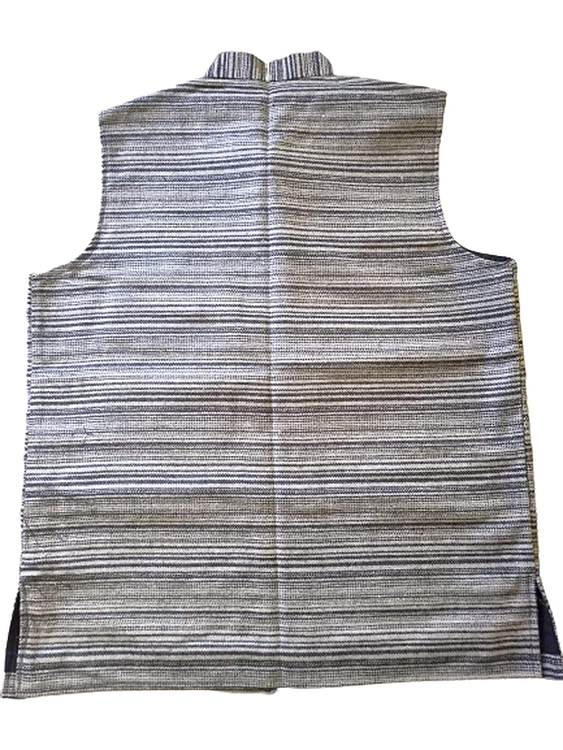 The Nehru Jacket PURE ANGORA WOOL (BLACK & GREY) by aruna kullu handloom is a sleeveless, straight-cut vest with horizontal black, grey, and white stripes, showcasing Himachali craftsmanship with a small stand collar.