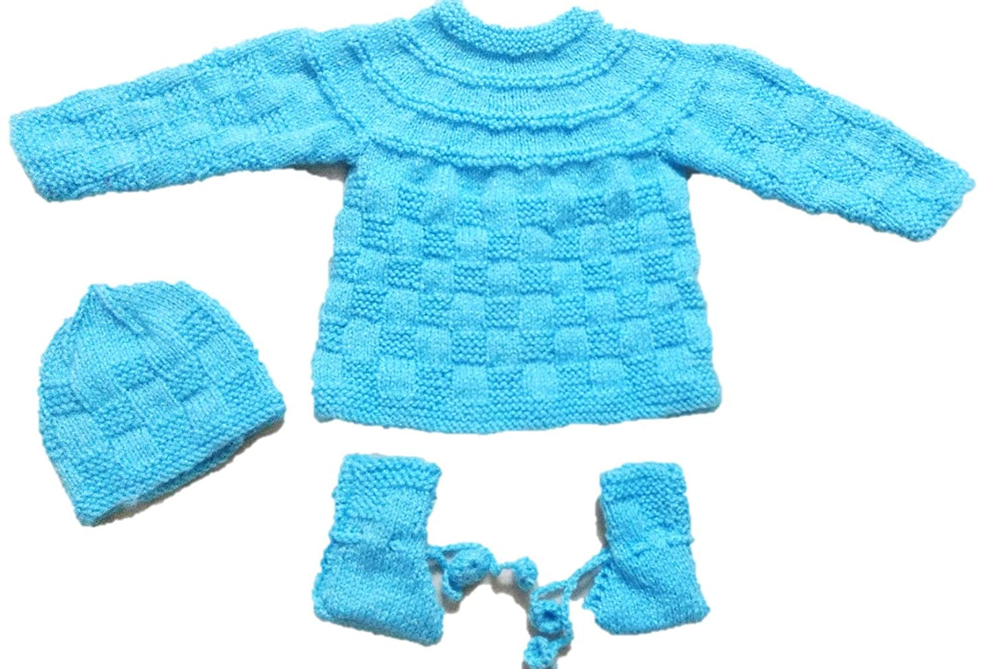 The PURE WOOL NEW BORN BABY SET FROZEN COLOR by aruna kullu handloom features classic Himachali handloom artistry—blue knitted sweater, matching hat, and booties—displayed on a white background.