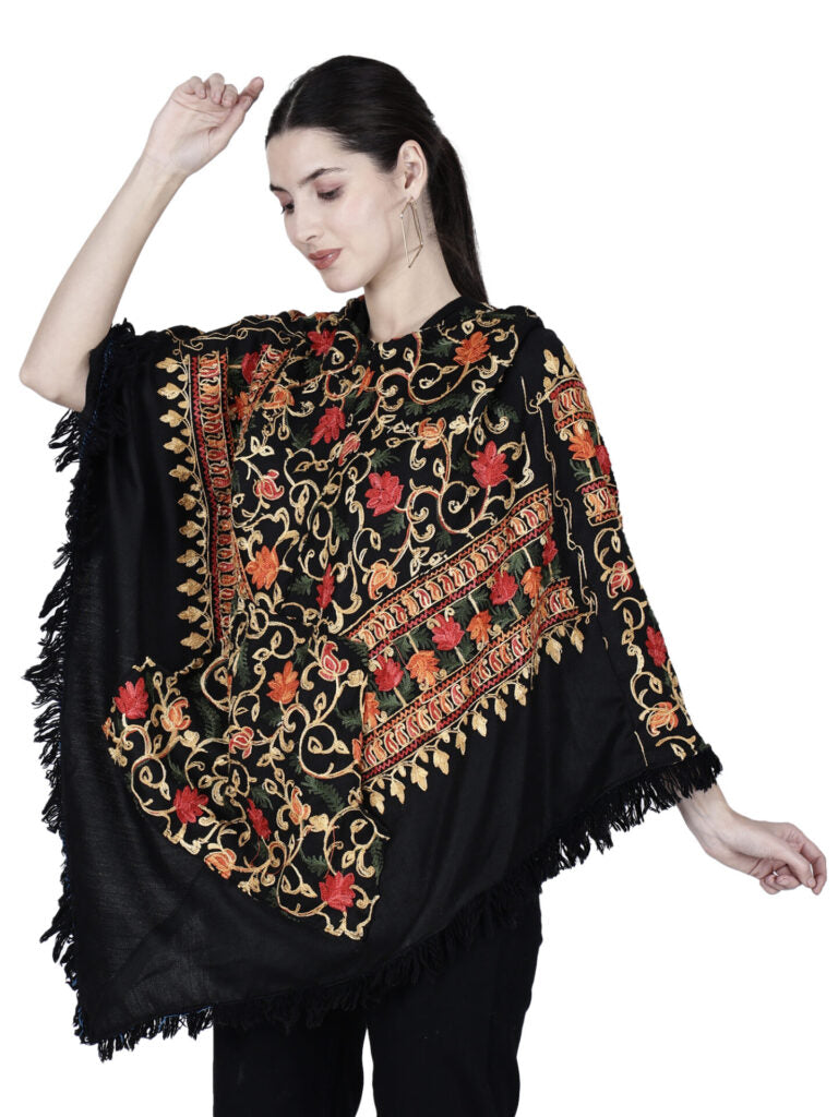 Kashmiri embroidered woolen poncho with hood for ladies black 1299.00 aruna kullu handloom