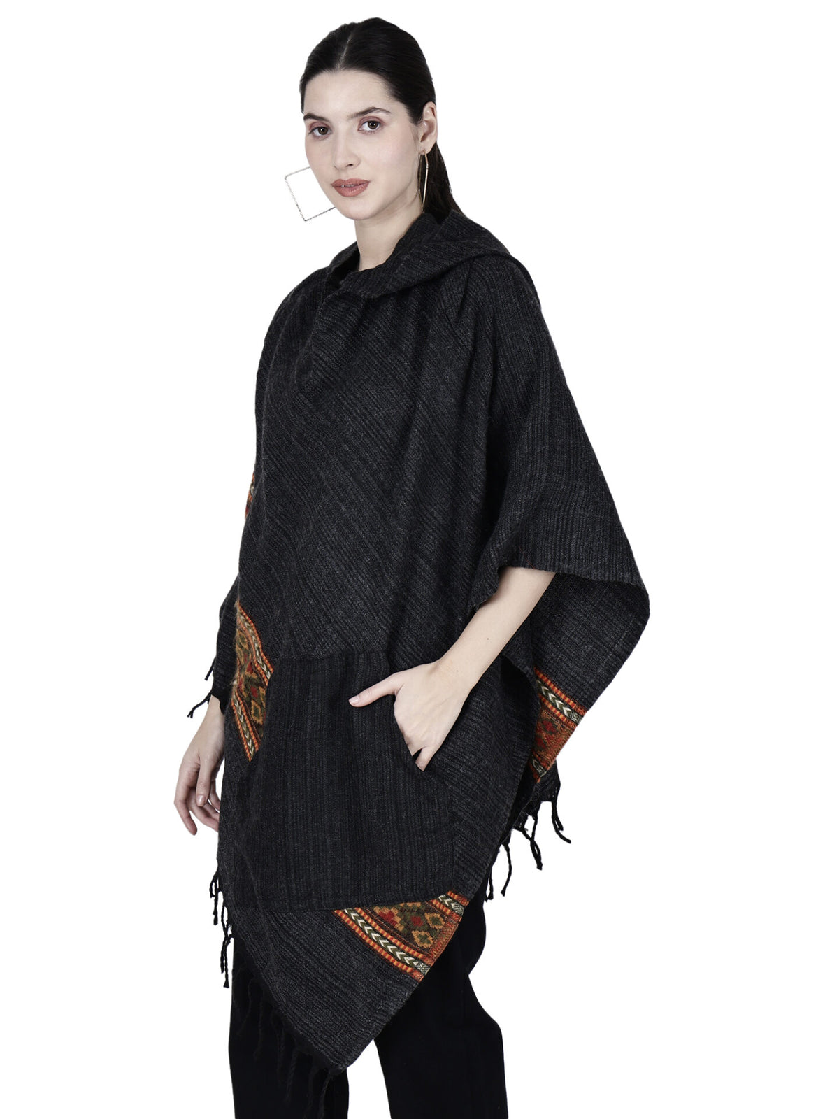 kullu shawl woolen poncho with hood singal patti black 799.00 aruna kullu handloom