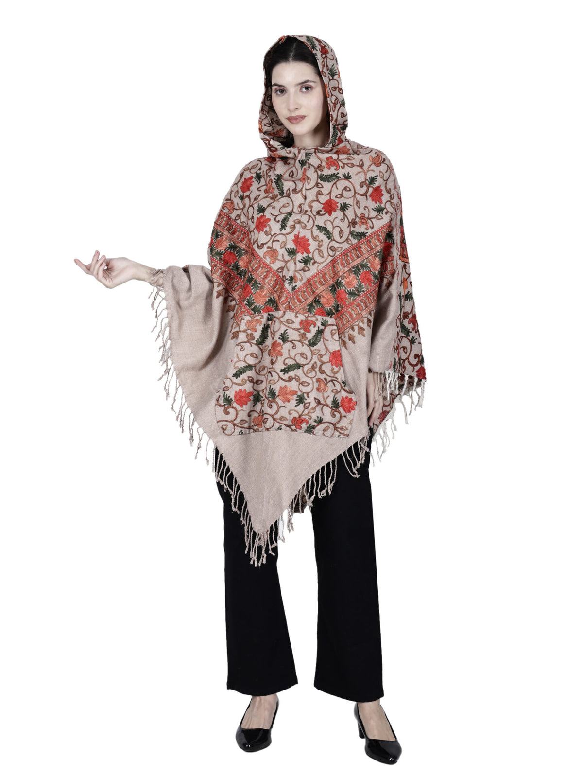 poncho sweater Kashmiri embroidered woolen poncho with hood for ladies Off white 1299.00 aruna kullu handloom