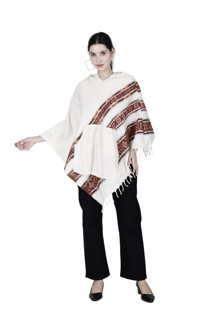 kullu shawl woolen poncho with hood for ladies white 3 patti 899.00 aruna kullu handloom