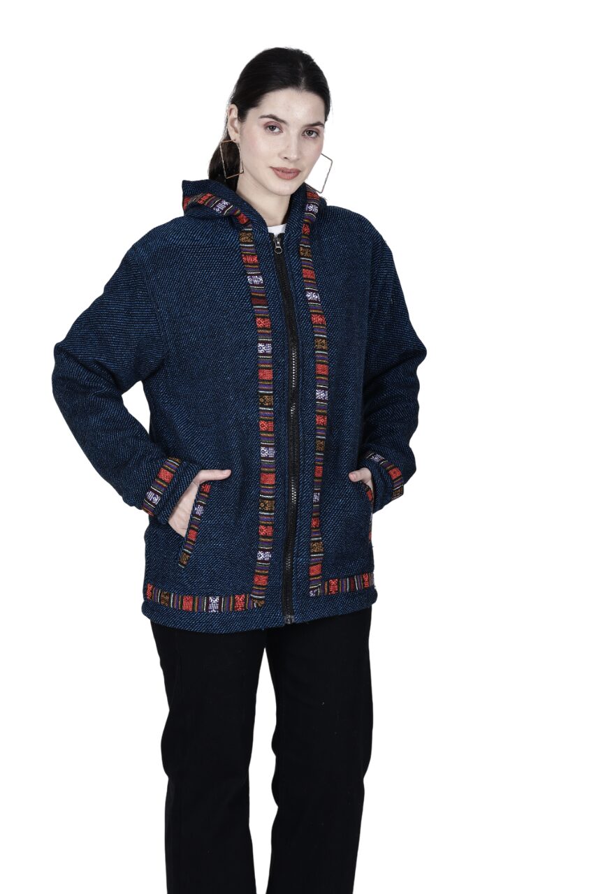 manali hoodies Woolen hoodie Jacket for MEN & Women WITH KULLU PATTI WORK Spanish BLUE 1099.00 aruna kullu handloom