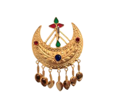 The aruna kullu handloom Artificial Handcrafted Himachali Kalgi For Himachali Topi features a gold crescent shape, red, green, and blue stone accents, a floral top design, and six dangling gold charms at the bottom.
