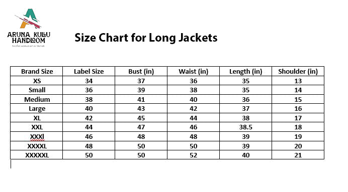 A size chart for aruna kullu handloom's Himachali Long Jacket for ladies (Full Sleeves, Red Check) shows brand sizes XS–XXXXL with bust, waist, length, and shoulder measurements in inches for each stylish jacket.