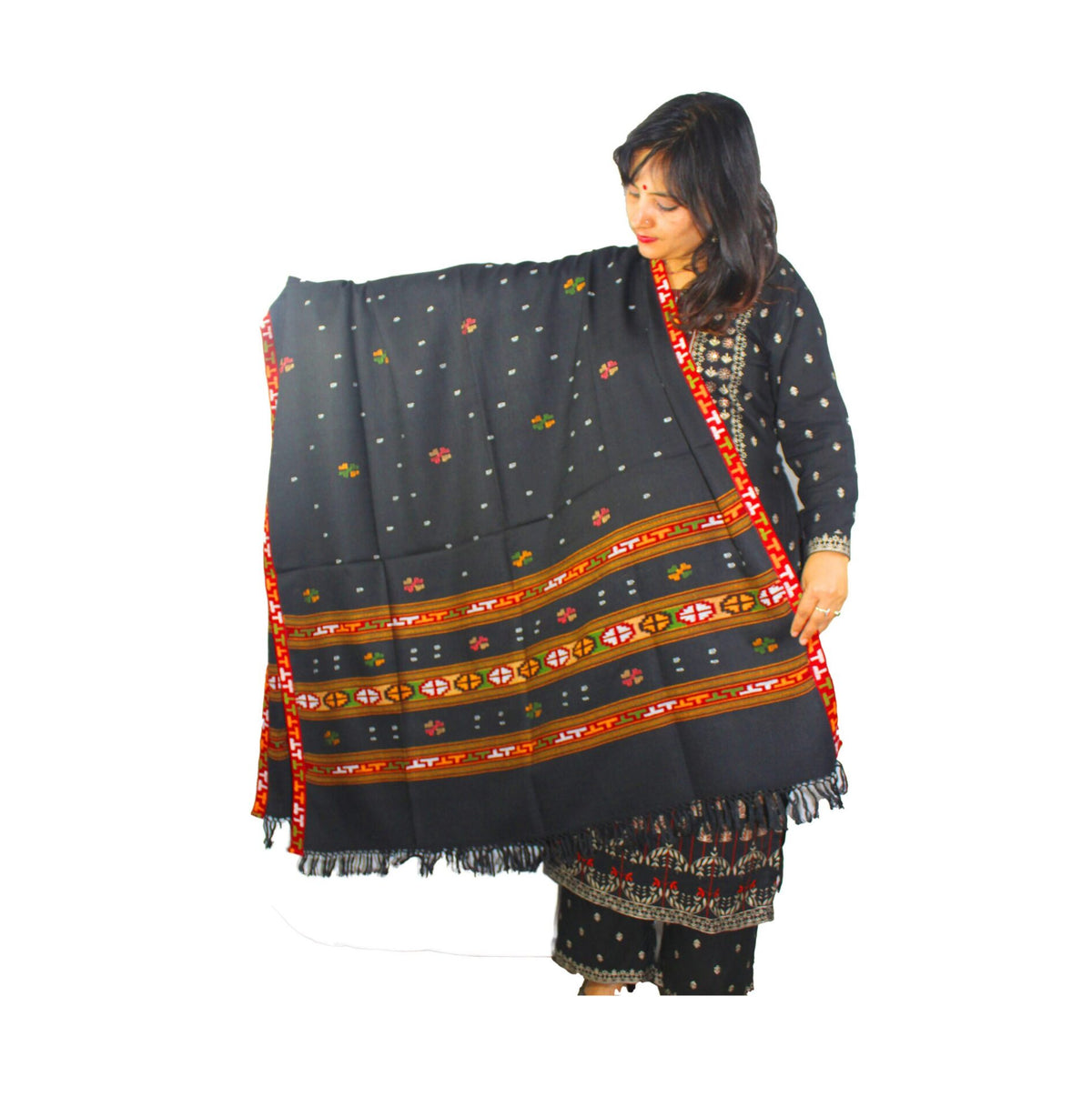 Kashmiri shawl PURE YAK WOOL TRIPLE BORDER ORIGINAL KULLU SHAWL BLACK 2099.00 aruna kullu handloom