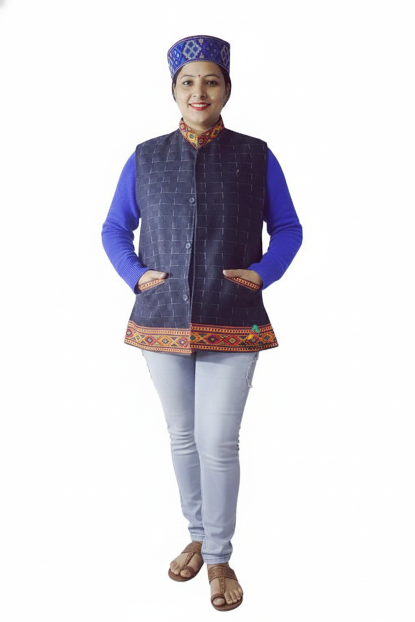 Kullu Ladies Woolen Jacket with traditional kullu patti work reversal black 650.00 aruna kullu handloom