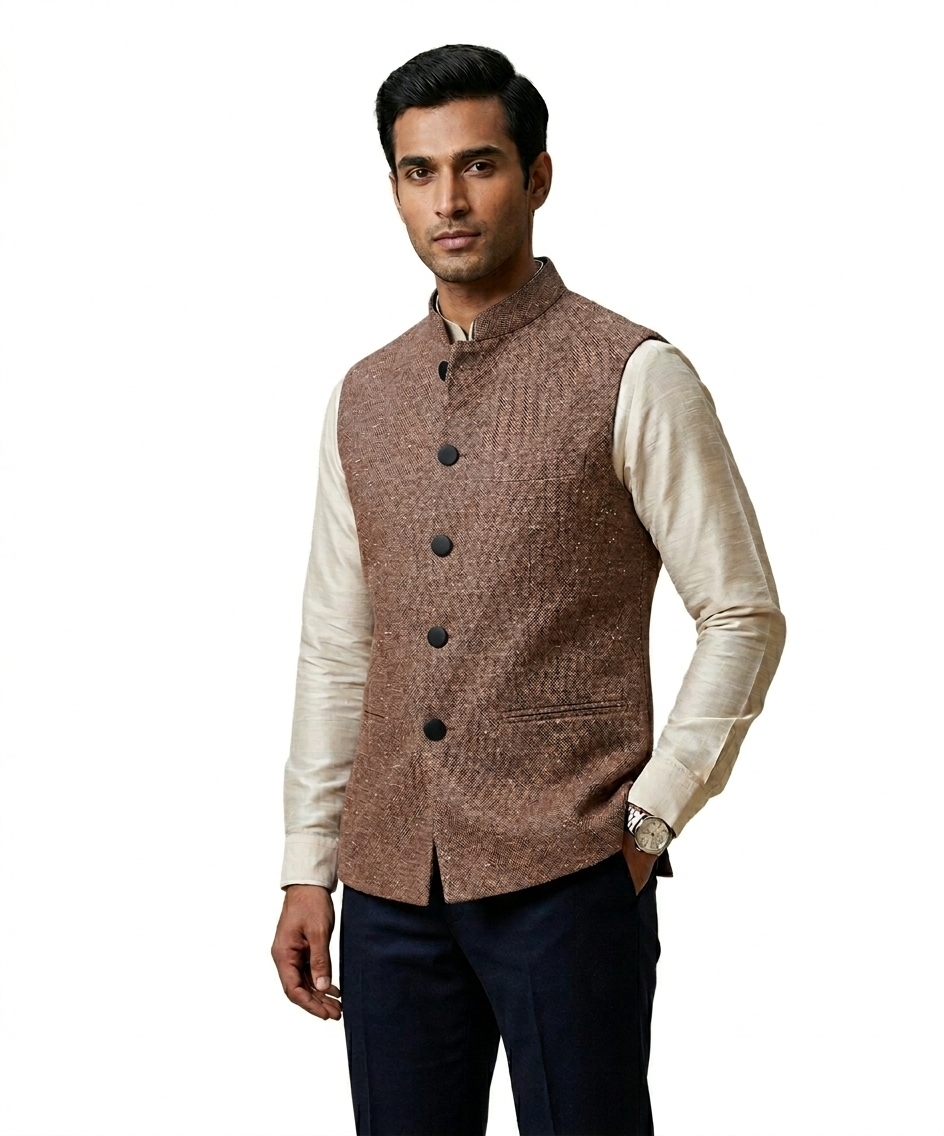 Men's Woolen Tweed Bandhgala Nehru Jacket PURE YAK WOOL BROWN 1199.00 aruna kullu handloom