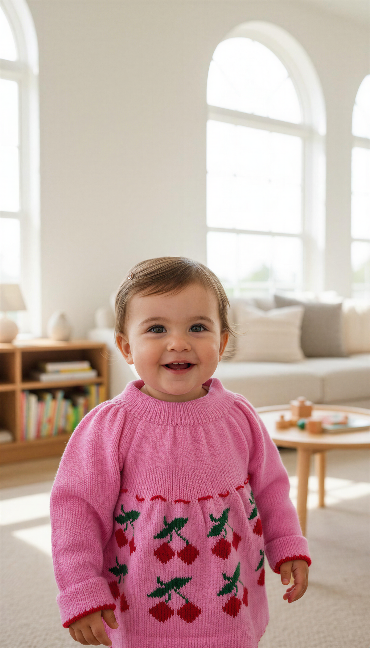A smiling toddler stands in a sunlit living room, wearing the PURE WOOL HAND KNITTED woolen baby set in pink cherry design by aruna kullu handloom, highlighting the cozy charm of handcrafted quality.
