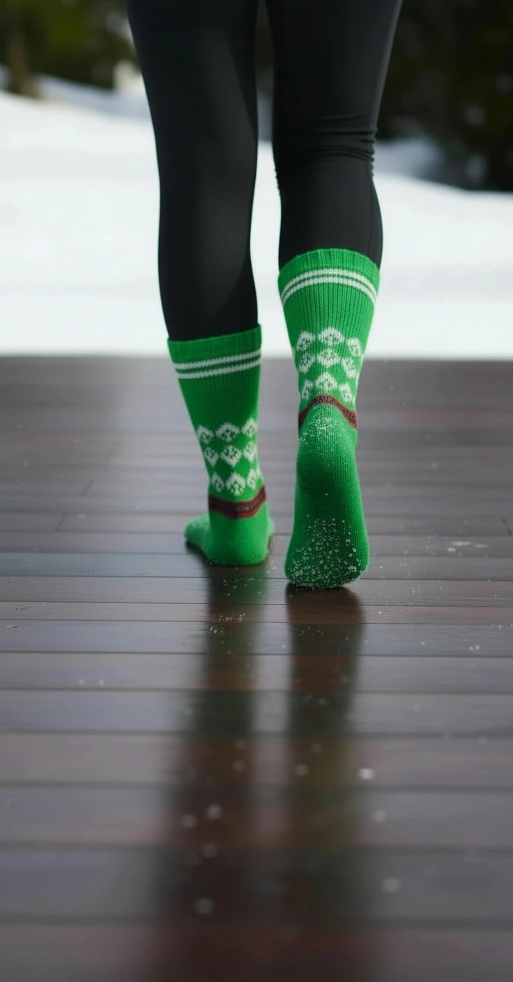 A person wearing aruna kullu handloom Woollen Traditional Hand Made Kullu Socks in green (multicolour, free size).
