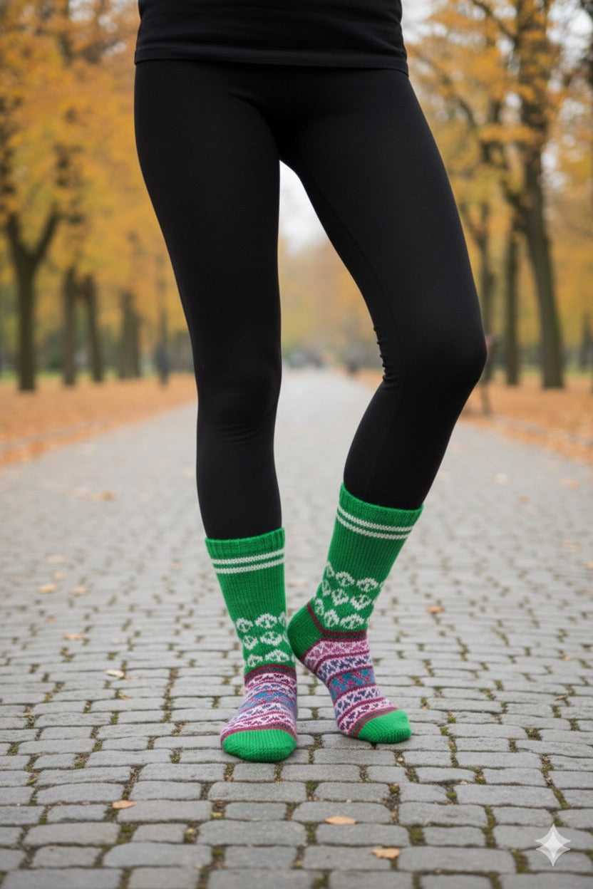 A person in black leggings wears aruna kullu handloom's Woollen Traditional Hand Made Kullu Socks (Multicolour, Free Size) GREEN, featuring green with white designs and purple, pink, and blue accents, on a cobblestone path with autumn trees.