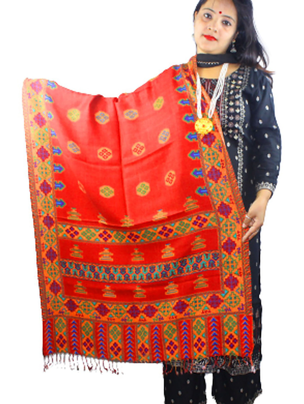 Shimla dress online PURE WOOL STOLE WITH BEAUTIFUL KULLU KINNAURI PRINTED DESIGN RED 399.00 aruna kullu handloom