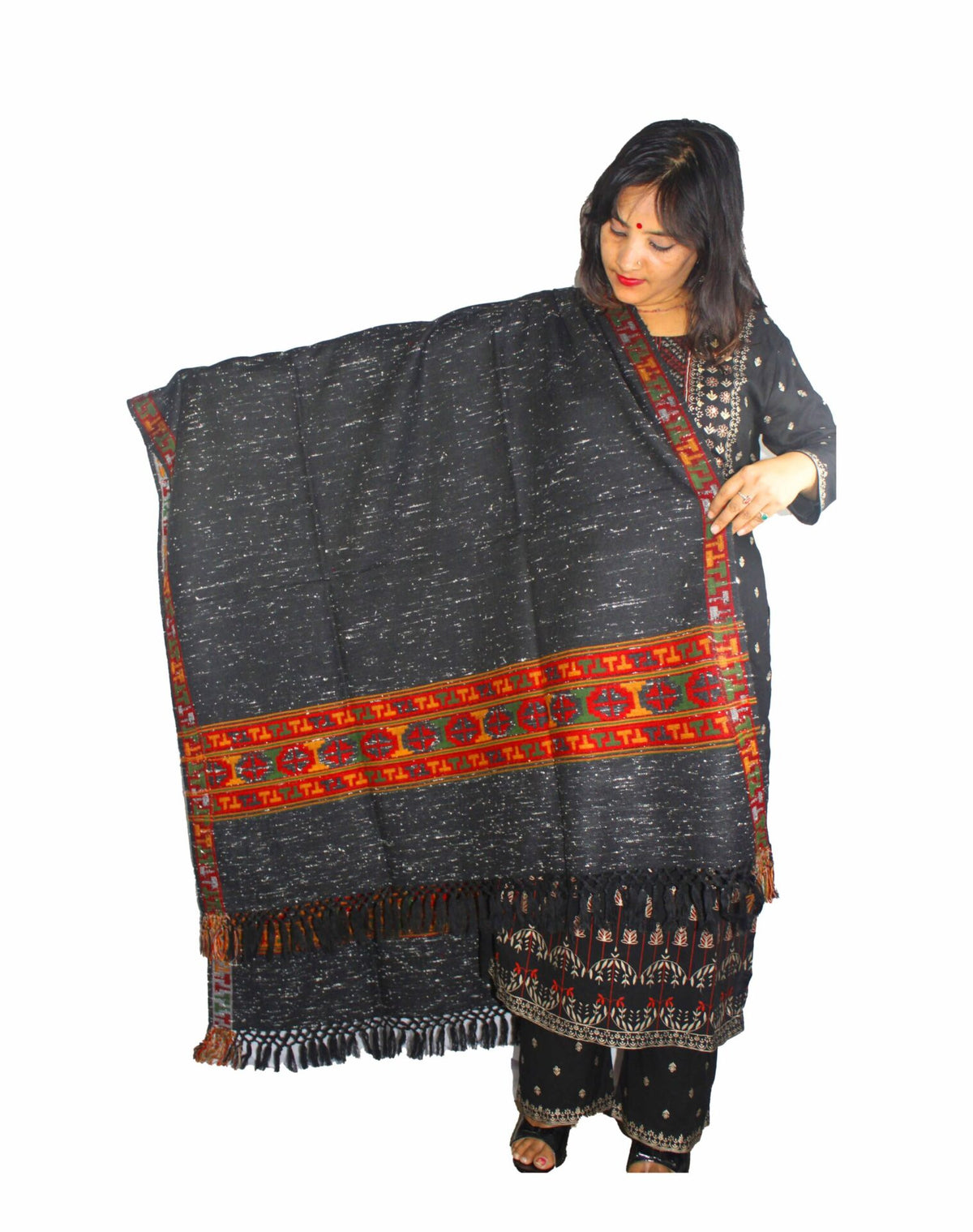 kullu pashmina shawl online PURE YAK WOOL KULLU SHAWL BLACK WITH WHITE DOTS 1499.00 aruna kullu handloom