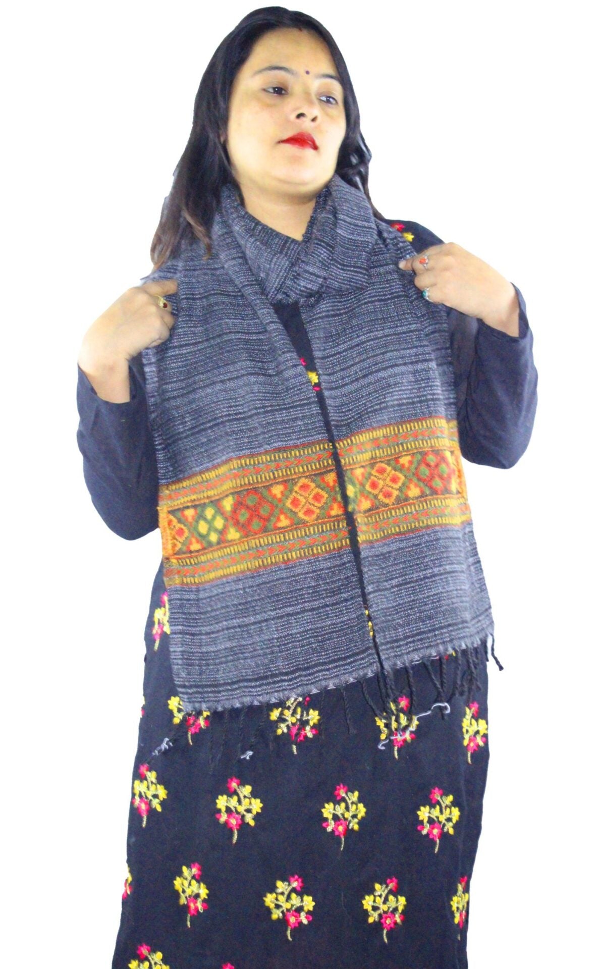 Unisex Woollen Hand Woven Kullu Pure Embroidered Muffler Kullu Handloom black multicolor 350.00 aruna kullu handloom