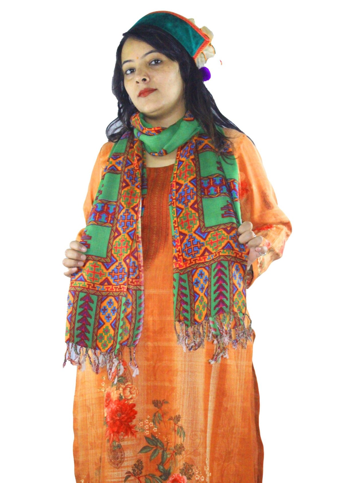 PURE WOOL STOLE WITH BEAUTIFUL KULLU KINNAURI PRINTED DESIGN green 850.00 aruna kullu handloom