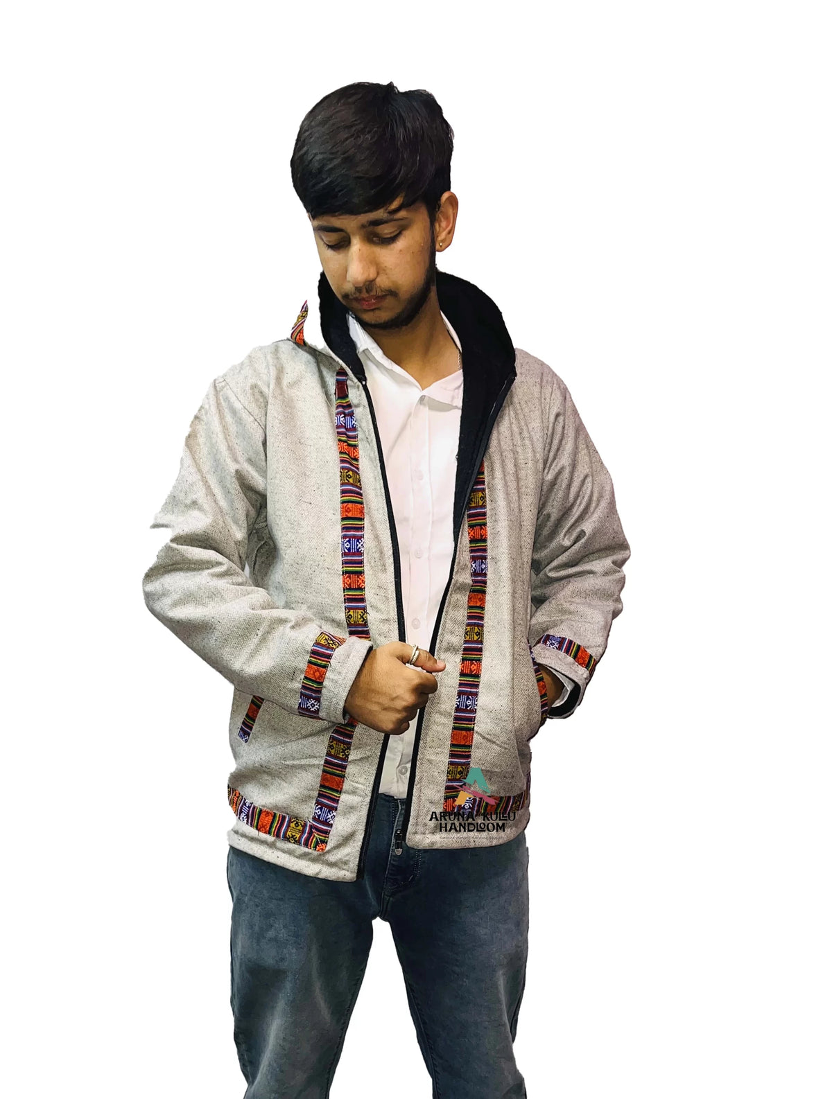 Woolen Winter Wear ZIPPER HOODIE Jacket for MEN & Women WITH KULLU PATTI WORK light grey 1099.00 aruna kullu handloom