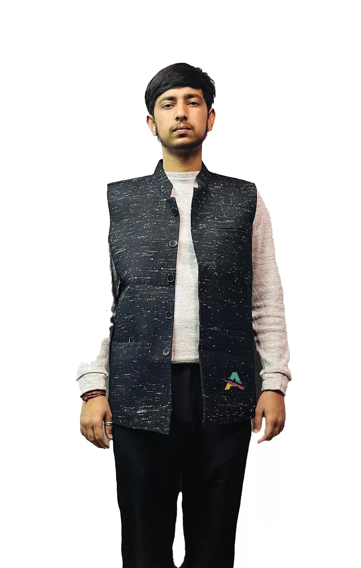 Men's Woolen Tweed Bandhgala Nehru Jacket PURE YAK WOOL M/S BLACK 1199.00 aruna kullu handloom