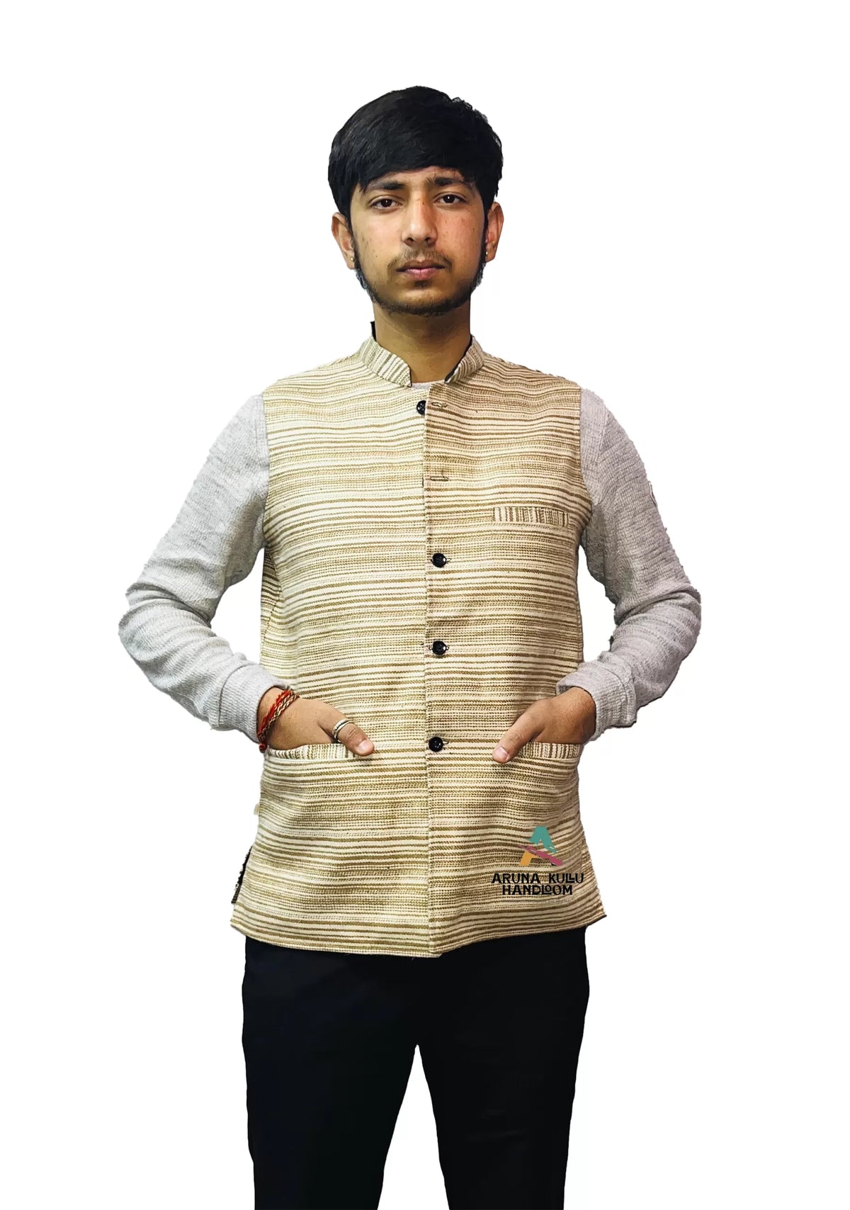 ARUNA KULLU HANDLOOM Men's Woolen Tweed Bandhgala Nehru Jacket PURE ANGORA WOOL ( WHITE & RED ) 899.00 aruna kullu handloom