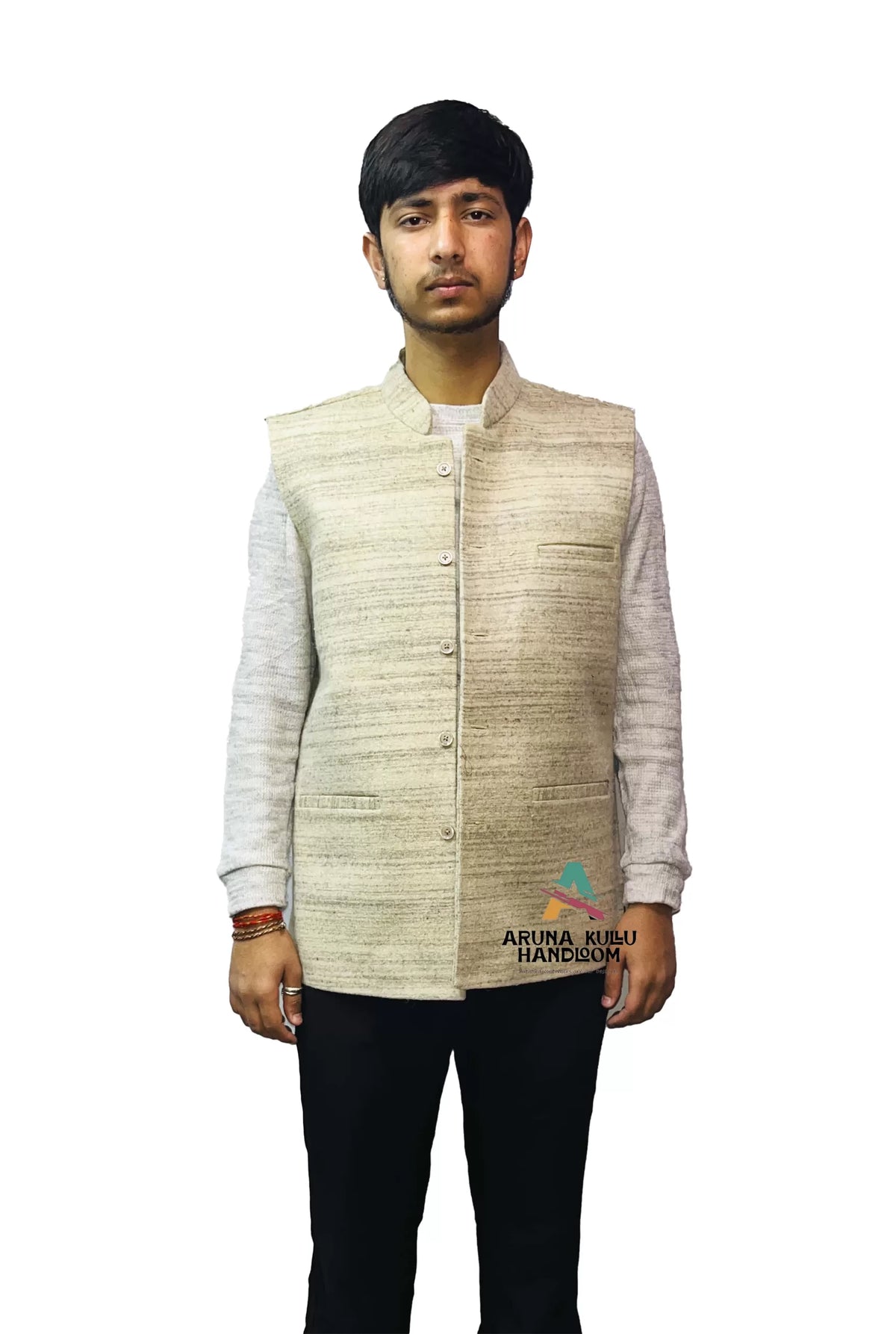 himachali traditional jacket Pure sheep wool kullu patti nehru jacket white & light grey 2199.00 aruna kullu handloom