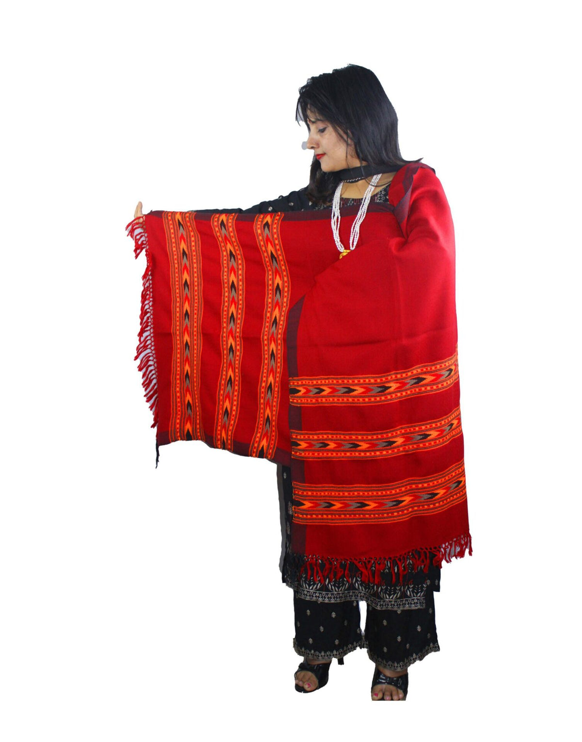 PURE WOOL HAND WOVEN TRIPLE BORDER KULLU STOLE FOR WOMEN AND GIRLS MAROON 850.00 aruna kullu handloom