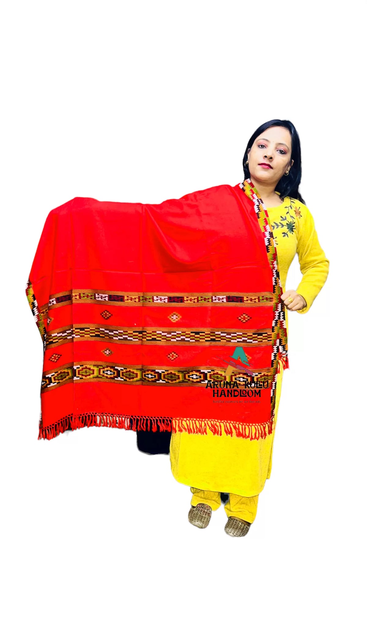 Himachal shawl for woman/girls natural wool red pashmina triple border 1900.00 aruna kullu handloom