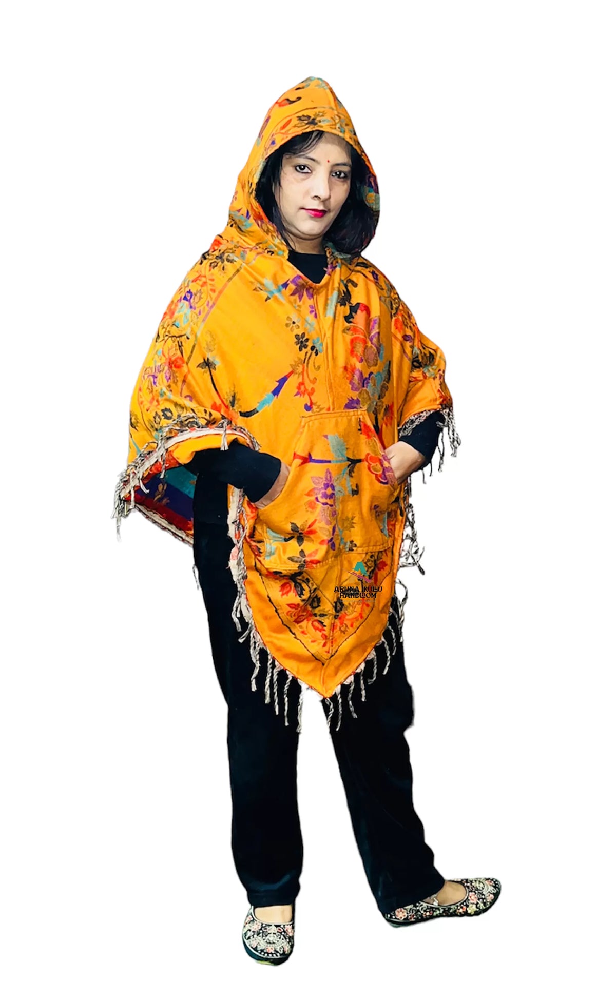 Kashmiri poncho woolen poncho with hood for ladies mustered 899.00 aruna kullu handloom