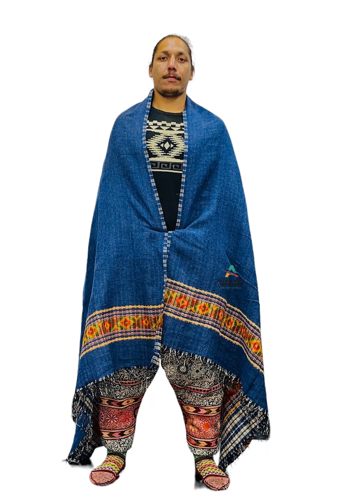 Kullu Shawl for Mens Warm Woven Himachal Mens Woollen Lohi Wrap for Winter- blue and check blue WITH KULLU PATTI WORK 1799.00 aruna kullu handloom