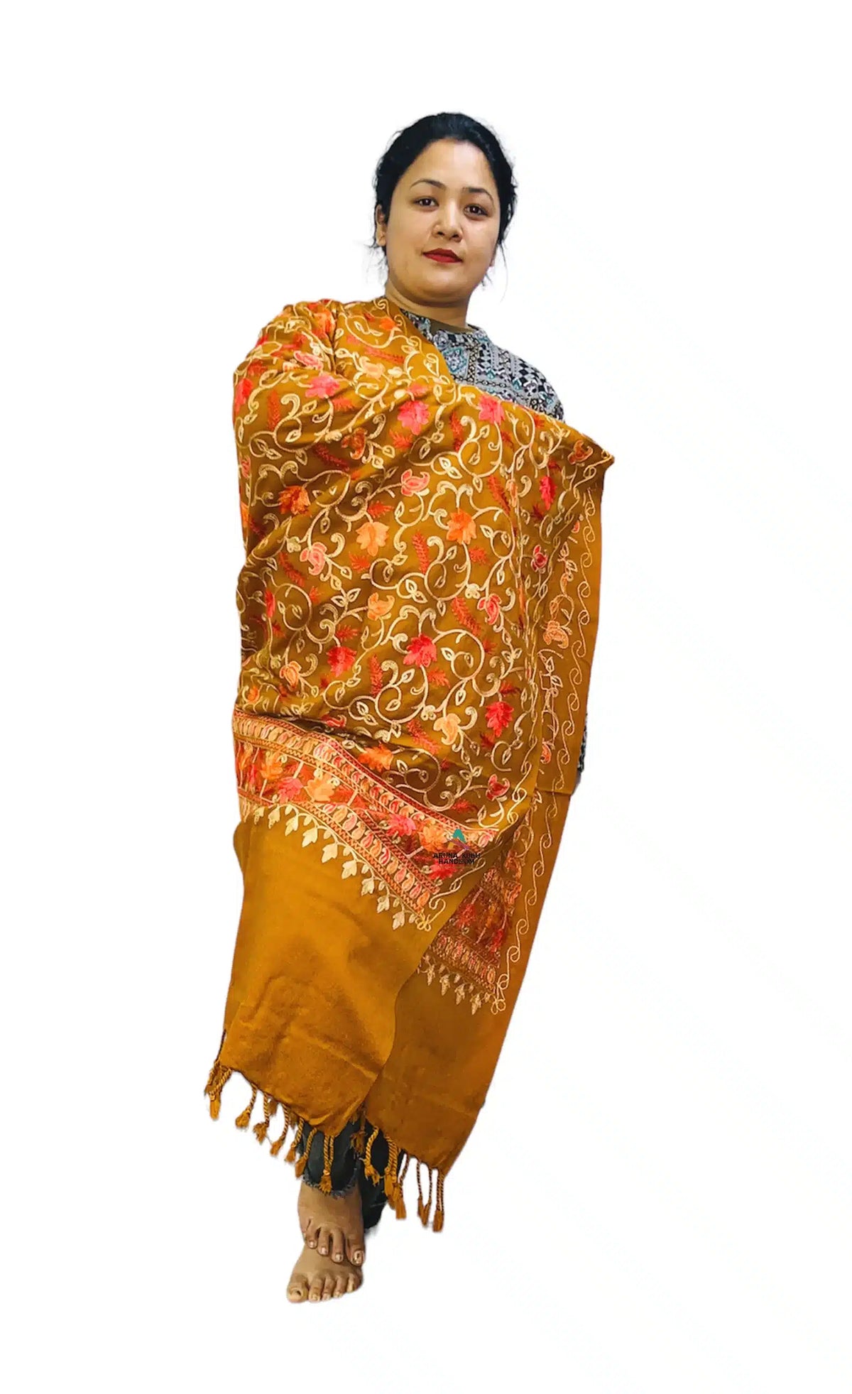 original pashmina shawl Women's Kashmiri Aari Embroided Floral pure wool Woven Shawls (SIZE: 40" X 80") mustard 1299.00 aruna kullu handloom
