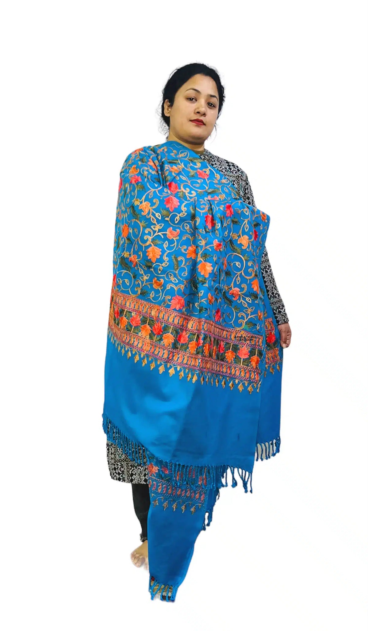 kashmiri shawl pashmina Women's Kashmiri Aari Embroided Floral pure wool Woven Shawls (SIZE: 40" X 80") navy 1299.00 aruna kullu handloom