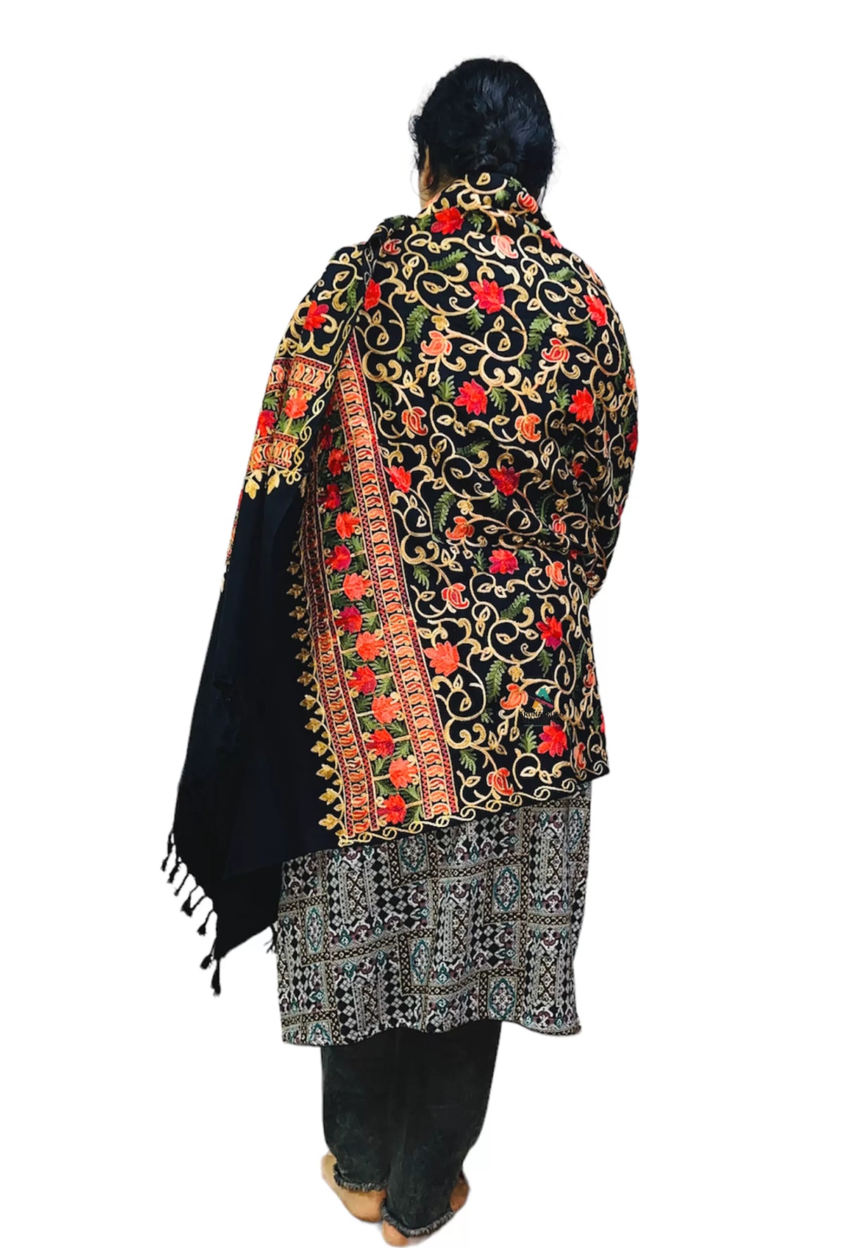 kullu shawls online Women's Kashmiri Aari Embroided Floral pure wool Woven Shawls (SIZE: 40" X 80") black 1299.00 aruna kullu handloom